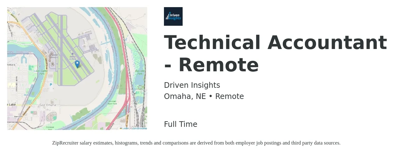 Driven Insights job posting for a Technical Accountant - Remote in Omaha, NE with a salary of $51,200 to $75,100 Yearly with a map of Omaha location.