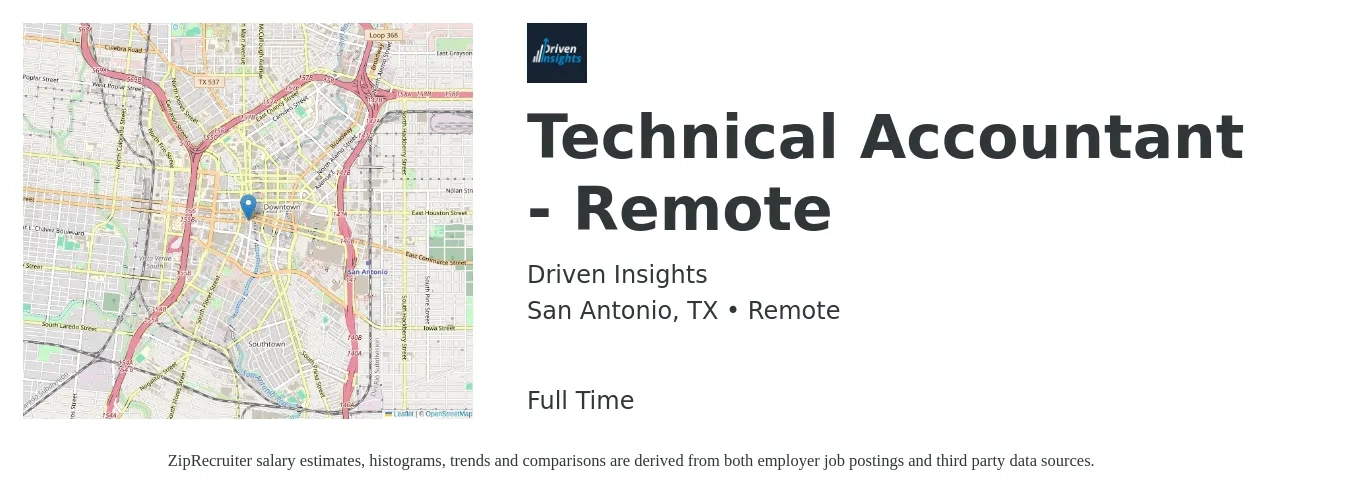 Driven Insights job posting for a Technical Accountant - Remote in San Antonio, TX with a salary of $48,300 to $70,800 Yearly with a map of San Antonio location.