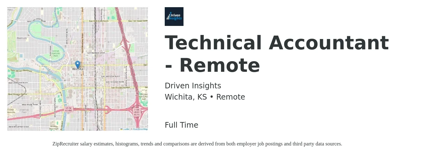 Driven Insights job posting for a Technical Accountant - Remote in Wichita, KS with a salary of $47,900 to $70,200 Yearly with a map of Wichita location.