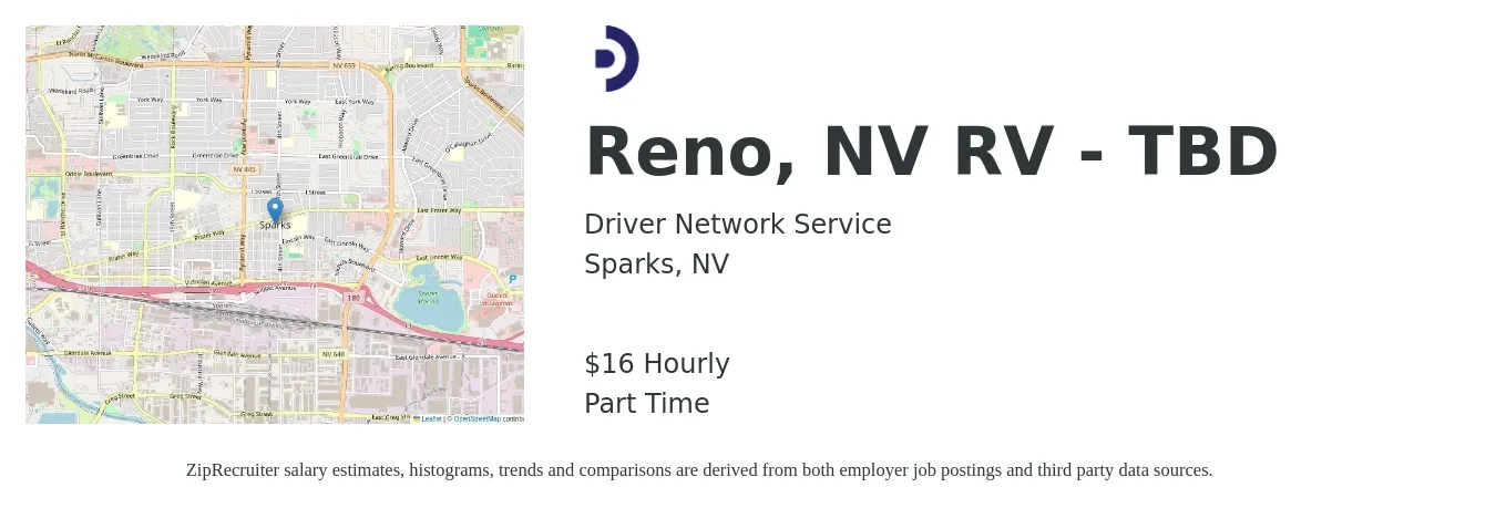 Driver Network Service job posting for a Reno, NV RV - TBD in Sparks, NV with a salary of $17 Hourly with a map of Sparks location.