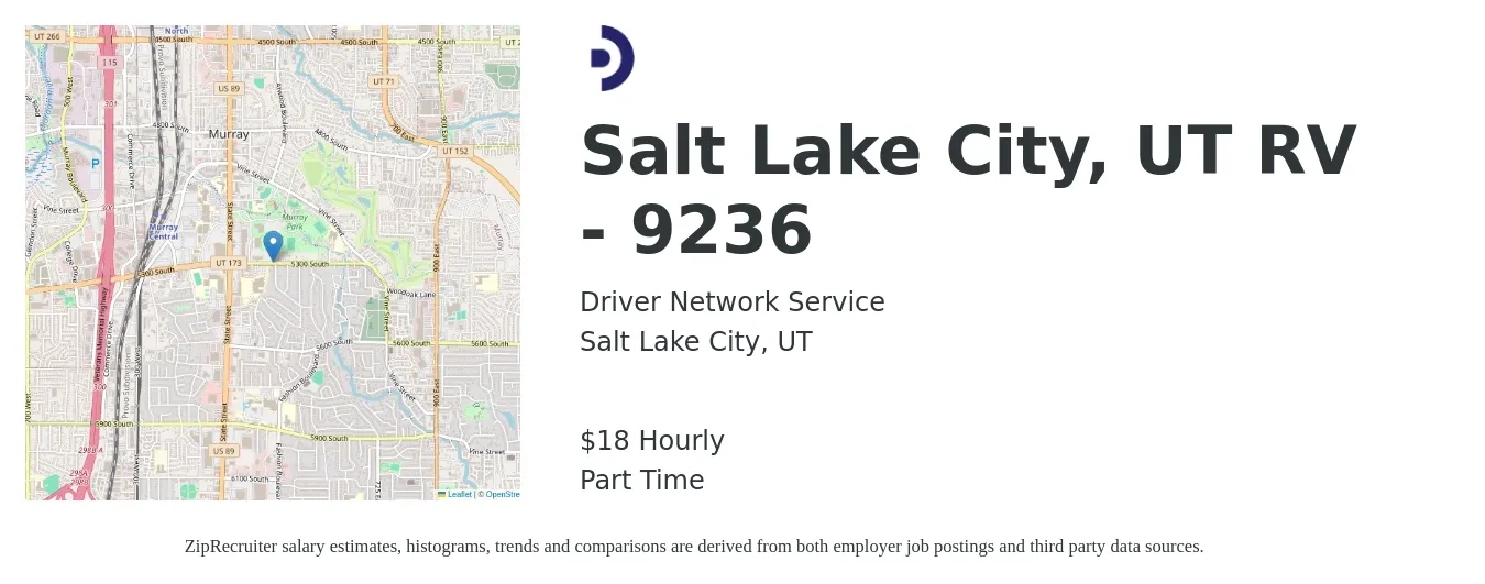 Driver Network Service job posting for a Salt Lake City, UT RV - 9236 in Salt Lake City, UT with a salary of $19 Hourly with a map of Salt Lake City location.