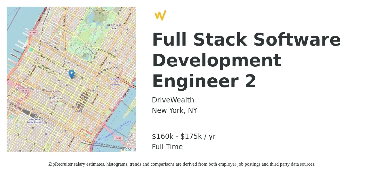DriveWealth job posting for a Full Stack Software Development Engineer 2 in New York, NY with a salary of $121,400 to $172,900 Yearly with a map of New York location.