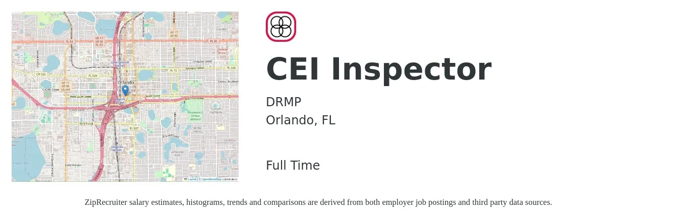 DRMP job posting for a CEI Inspector in Orlando, FL with a salary of $18 to $30 Hourly with a map of Orlando location.