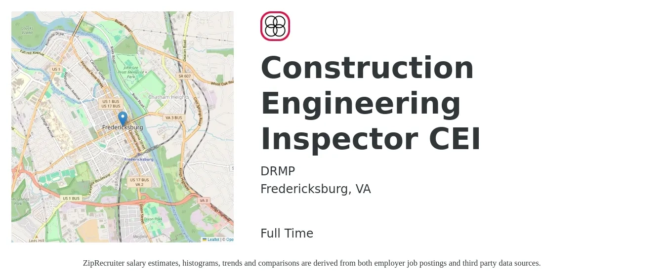 DRMP job posting for a Construction Engineering Inspector CEI in Fredericksburg, VA with a salary of $48,700 to $76,700 Yearly with a map of Fredericksburg location.