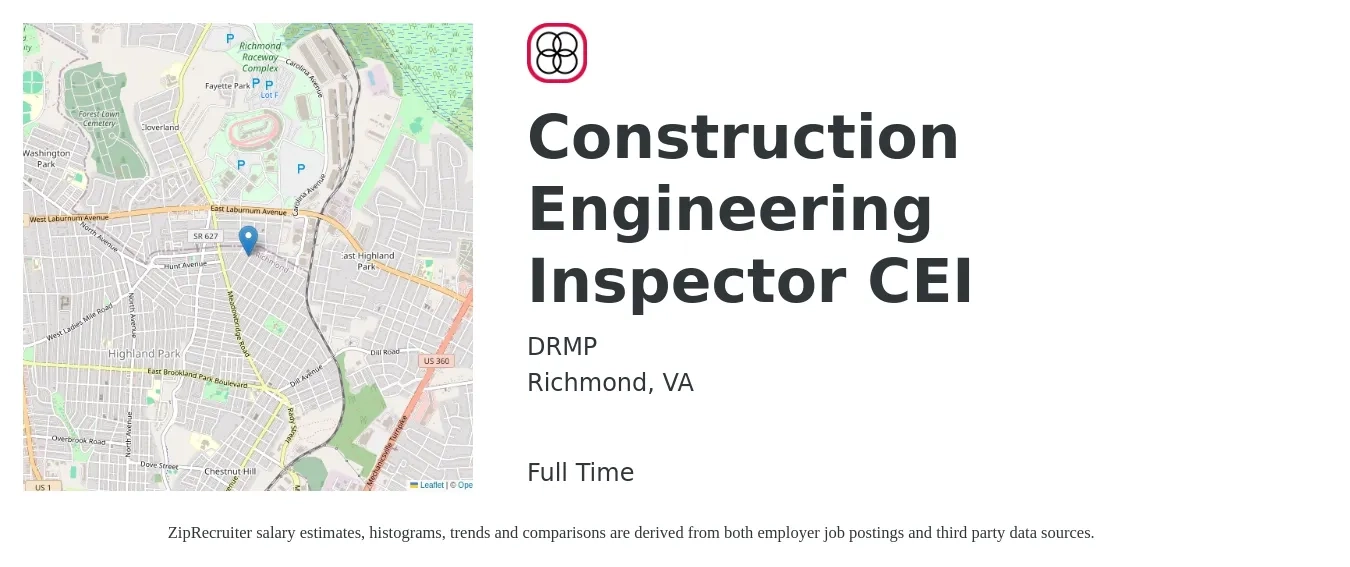 DRMP job posting for a Construction Engineering Inspector CEI in Richmond, VA with a salary of $49,000 to $77,200 Yearly with a map of Richmond location.