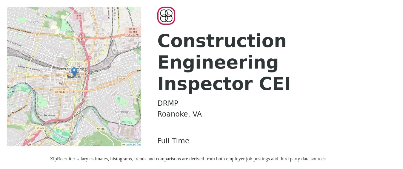 DRMP job posting for a Construction Engineering Inspector CEI in Roanoke, VA with a salary of $48,600 to $76,500 Yearly with a map of Roanoke location.