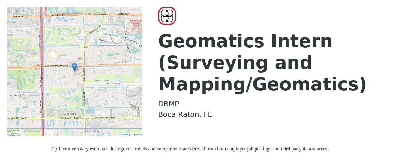 DRMP job posting for a Geomatics Intern (Surveying and Mapping/Geomatics) in Boca Raton, FL with a salary of $16 to $20 Hourly with a map of Boca Raton location.