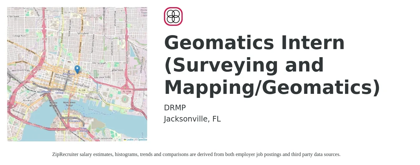 DRMP job posting for a Geomatics Intern (Surveying and Mapping/Geomatics) in Jacksonville, FL with a salary of $16 to $19 Hourly with a map of Jacksonville location.