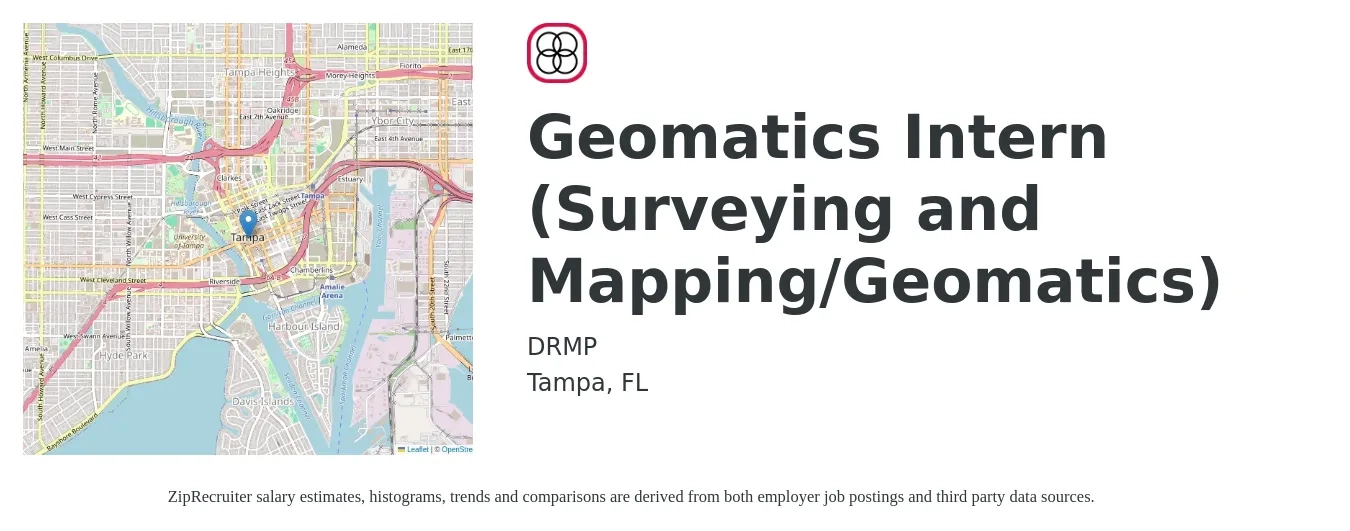 DRMP job posting for a Geomatics Intern (Surveying and Mapping/Geomatics) in Tampa, FL with a salary of $16 to $20 Hourly with a map of Tampa location.