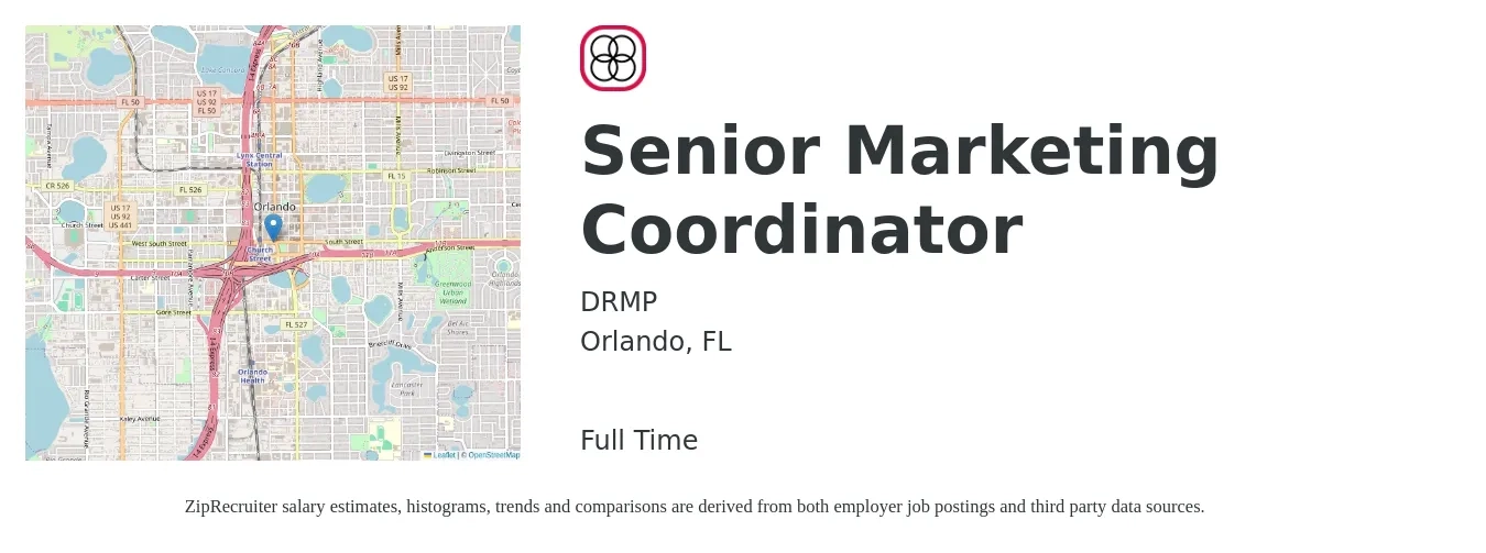 DRMP job posting for a Senior Marketing Coordinator in Orlando, FL with a salary of $45,300 to $76,500 Yearly with a map of Orlando location.
