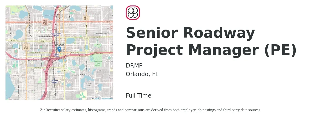 DRMP job posting for a Senior Roadway Project Manager (PE) in Orlando, FL with a salary of $96,600 to $136,300 Yearly with a map of Orlando location.