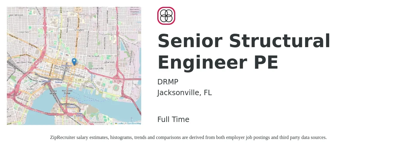 DRMP job posting for a Senior Structural Engineer PE in Jacksonville, FL with a salary of $93,100 to $126,500 Yearly with a map of Jacksonville location.