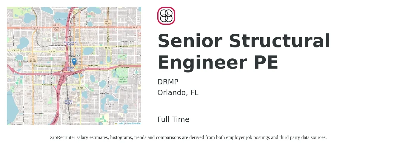 DRMP job posting for a Senior Structural Engineer PE in Orlando, FL with a salary of $93,800 to $127,400 Yearly with a map of Orlando location.