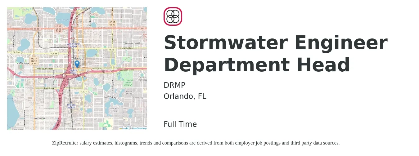 DRMP job posting for a Stormwater Engineer Department Head in Orlando, FL with a salary of $77,000 to $102,700 Yearly with a map of Orlando location.