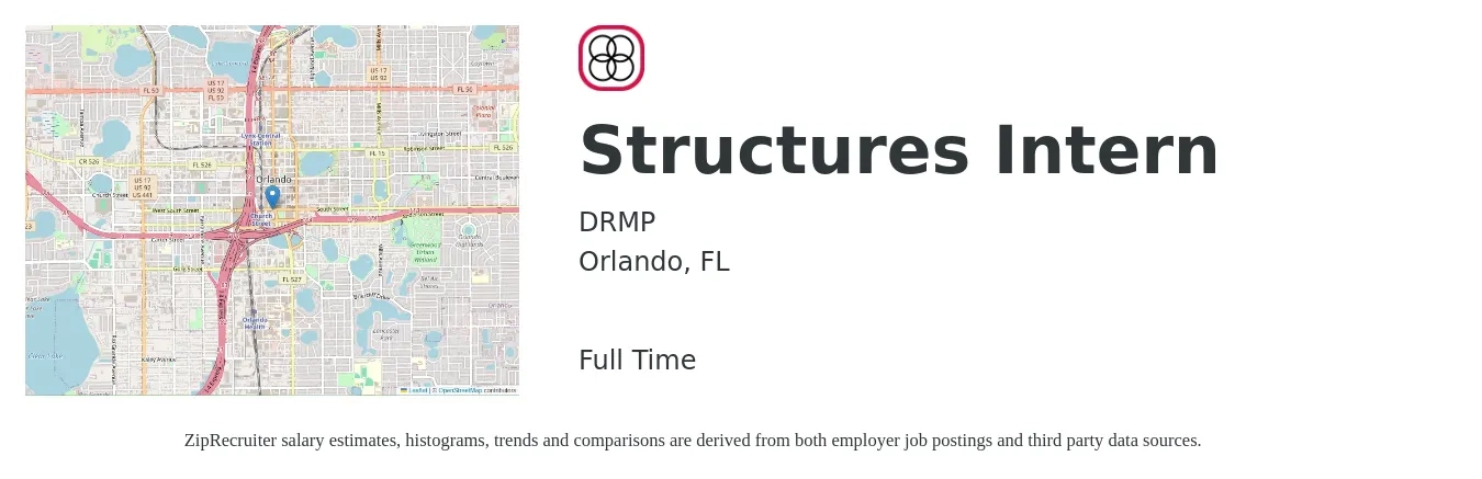 DRMP job posting for a Structures Intern in Orlando, FL with a salary of $16 to $20 Hourly with a map of Orlando location.