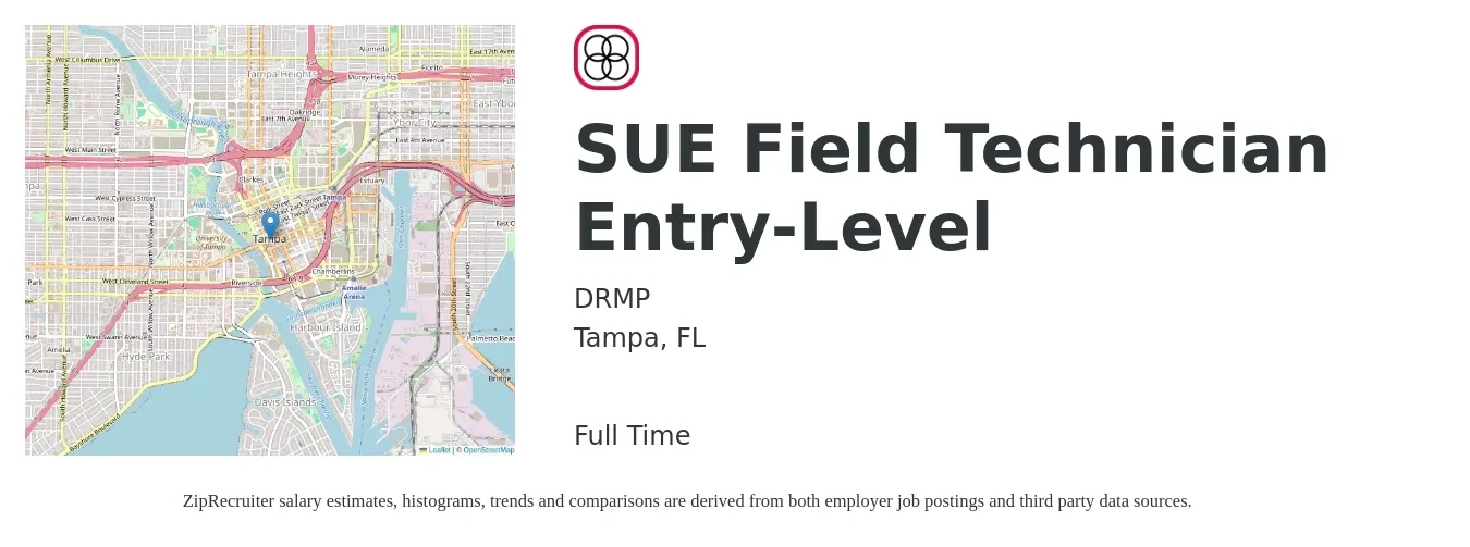 DRMP job posting for a SUE Field Technician Entry-Level in Tampa, FL with a salary of $19 to $26 Hourly with a map of Tampa location.