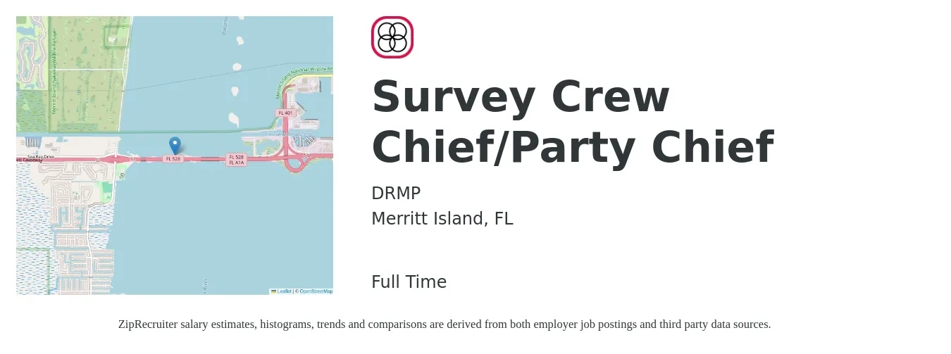 DRMP job posting for a Survey Crew Chief/Party Chief in Merritt Island, FL with a salary of $26 to $39 Hourly with a map of Merritt Island location.