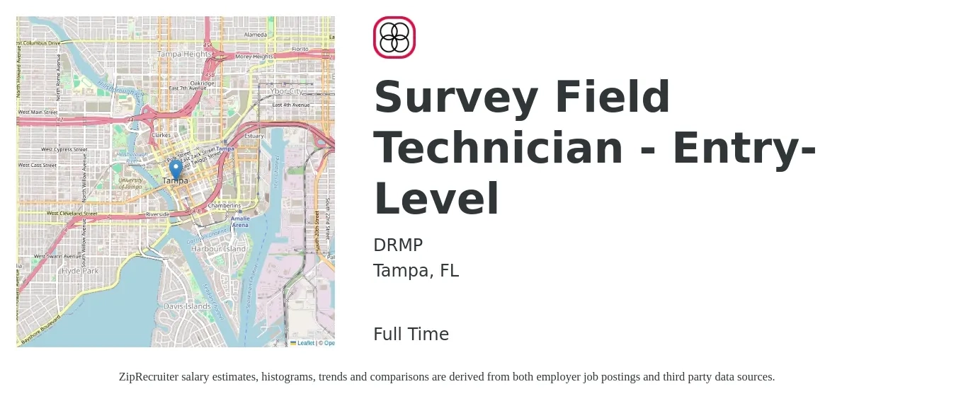 DRMP job posting for a Survey Field Technician - Entry-Level in Tampa, FL with a salary of $19 to $28 Hourly with a map of Tampa location.