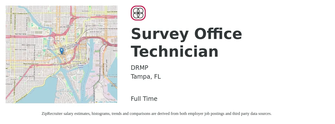 DRMP job posting for a Survey Office Technician in Tampa, FL with a salary of $36,900 to $55,300 Yearly with a map of Tampa location.