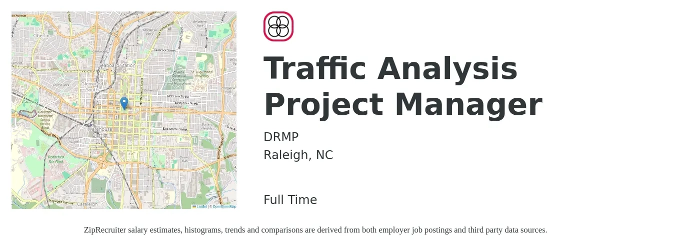 DRMP job posting for a Traffic Analysis Project Manager in Raleigh, NC with a salary of $50,500 to $93,300 Yearly with a map of Raleigh location.