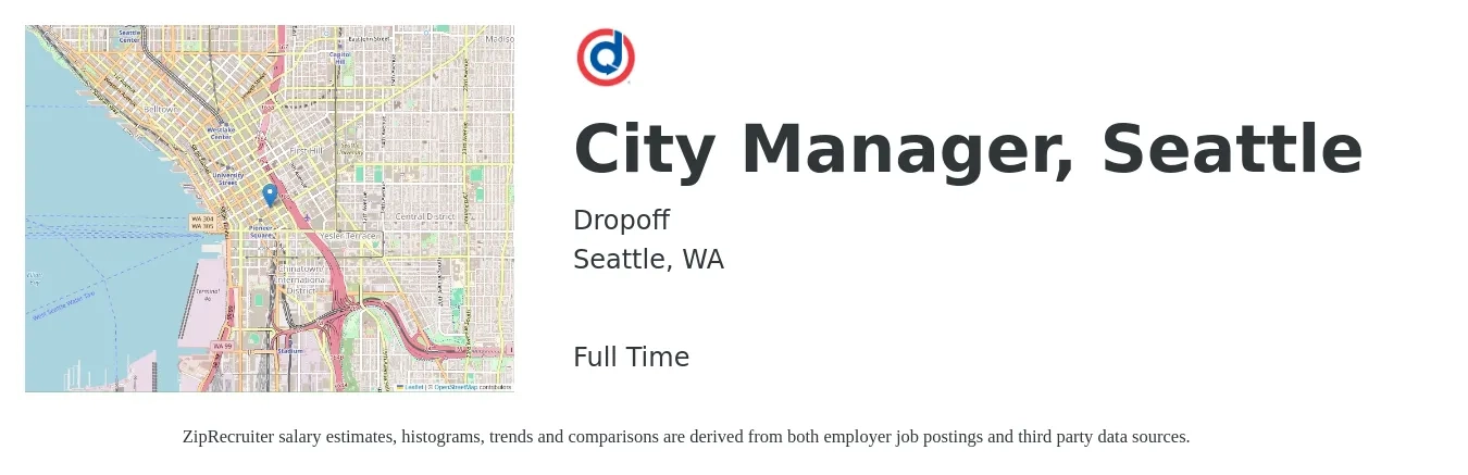Dropoff job posting for a City Manager, Seattle in Seattle, WA with a salary of $51,200 to $78,500 Yearly with a map of Seattle location.