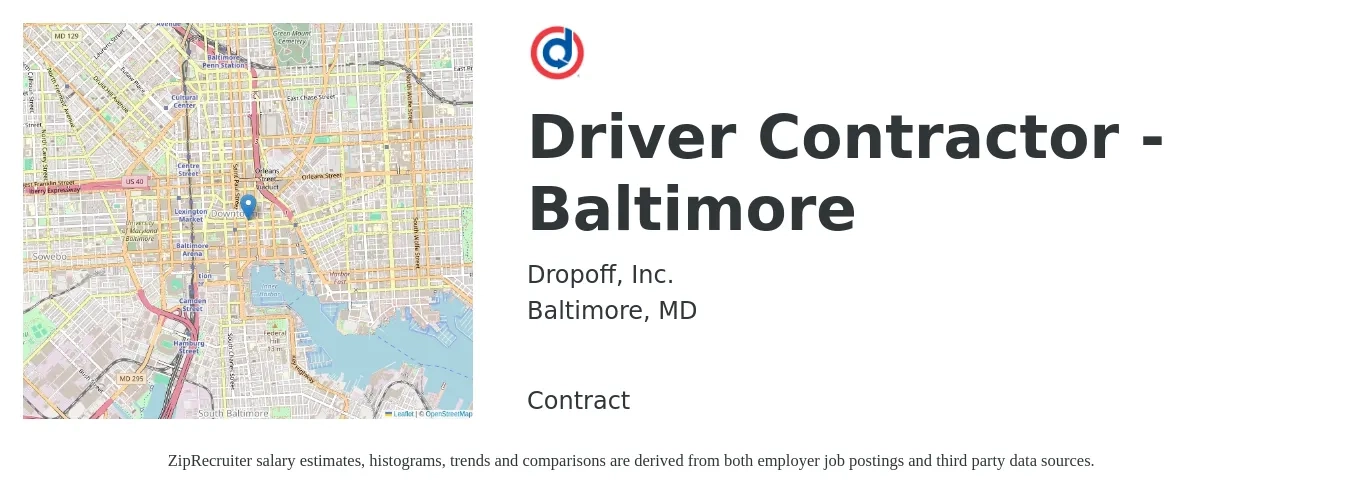 Dropoff, Inc. job posting for a Driver Contractor - Baltimore in Baltimore, MD with a salary of $15 to $21 Hourly with a map of Baltimore location.