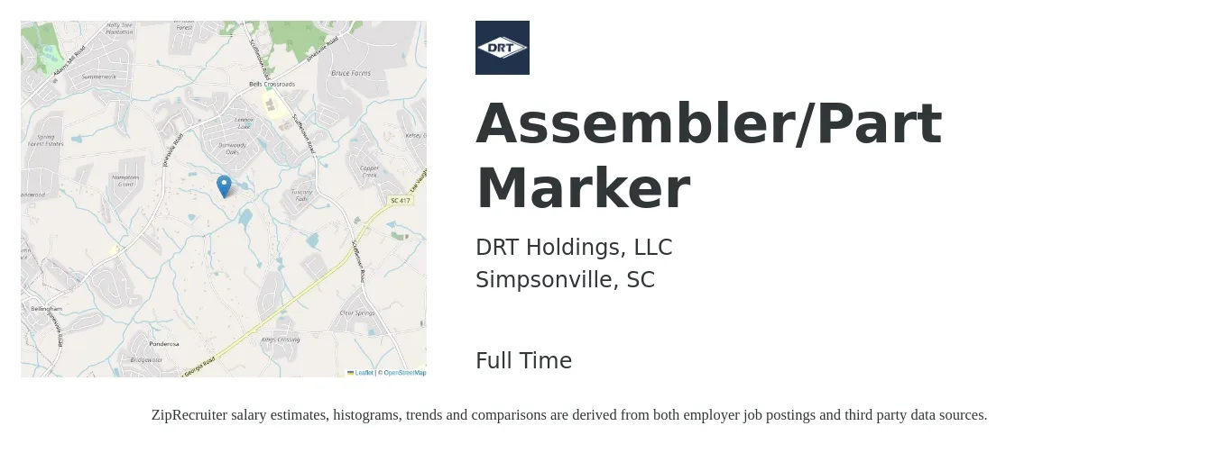 DRT Holdings, LLC job posting for a Assembler/Part Marker in Simpsonville, SC with a salary of $14 to $18 Hourly with a map of Simpsonville location.