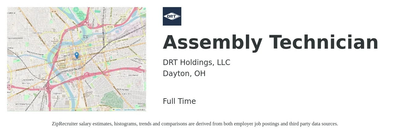 DRT Holdings, LLC job posting for a Assembly Technician in Dayton, OH with a salary of $17 to $21 Hourly with a map of Dayton location.