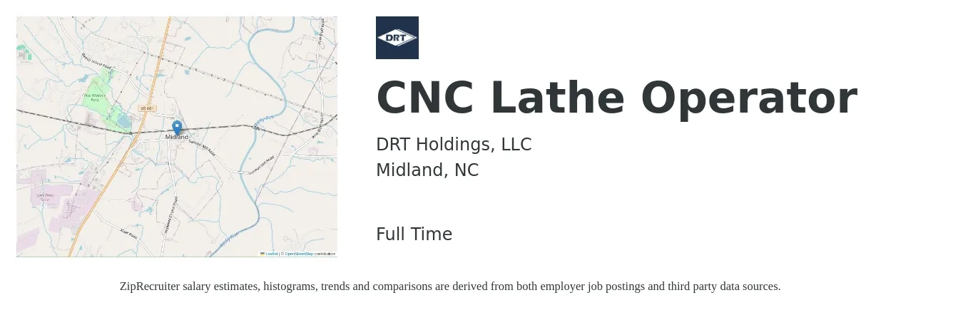 DRT Holdings, LLC job posting for a CNC Lathe Operator in Midland, NC with a salary of $20 to $26 Hourly with a map of Midland location.