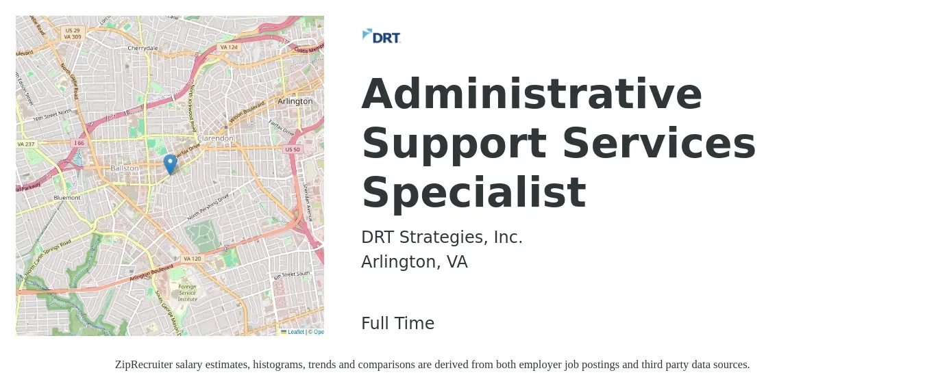 DRT Strategies, Inc. job posting for a Administrative Support Services Specialist in Arlington, VA with a salary of $48,300 to $81,700 Yearly with a map of Arlington location.