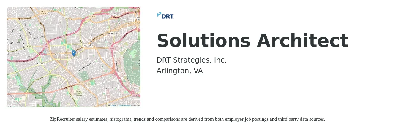 DRT Strategies, Inc. job posting for a Solutions Architect in Arlington, VA with a salary of $72 to $96 Hourly with a map of Arlington location.