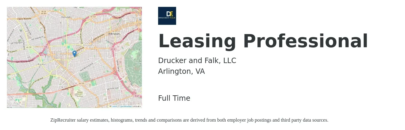 Drucker and Falk, LLC job posting for a Leasing Professional in Arlington, VA with a salary of $20 to $23 Hourly with a map of Arlington location.