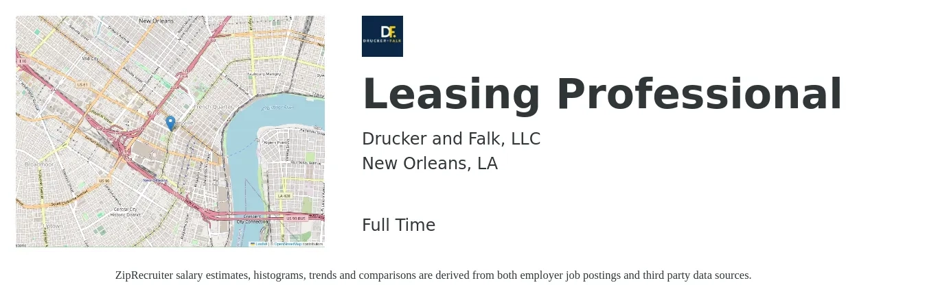 Drucker and Falk, LLC job posting for a Leasing Professional in New Orleans, LA with a salary of $16 to $19 Hourly with a map of New Orleans location.