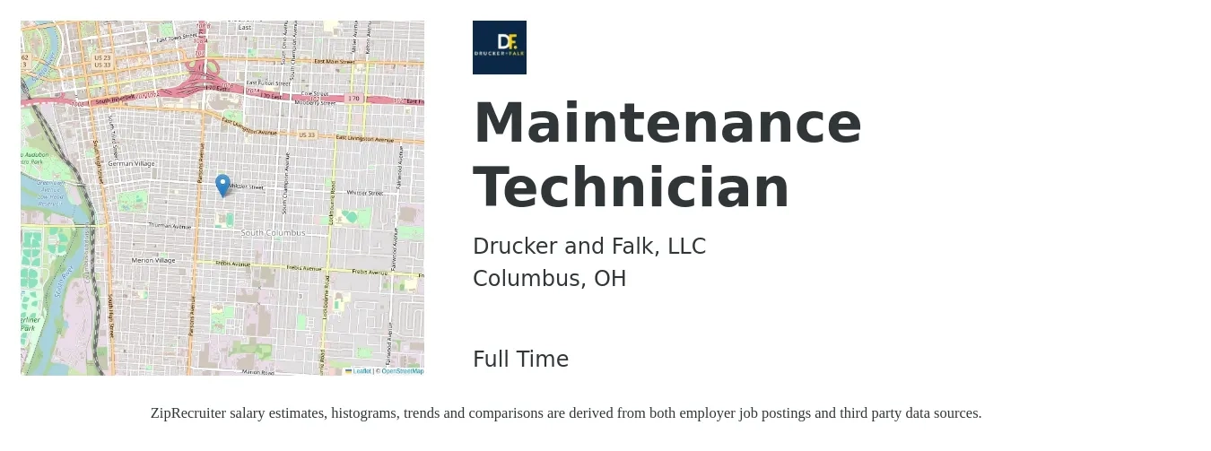 Drucker and Falk, LLC job posting for a Maintenance Technician in Columbus, OH with a salary of $18 to $26 Hourly with a map of Columbus location.