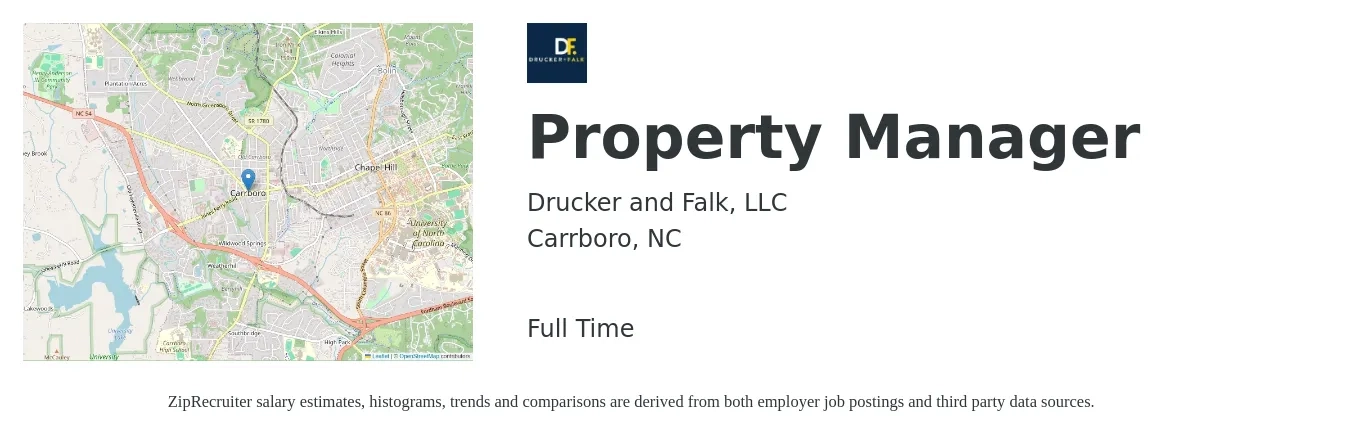 Drucker and Falk, LLC job posting for a Property Manager in Carrboro, NC with a salary of $37,400 to $57,900 Yearly with a map of Carrboro location.
