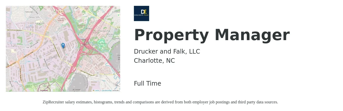 Drucker and Falk, LLC job posting for a Property Manager in Charlotte, NC with a salary of $43,000 to $66,400 Yearly with a map of Charlotte location.