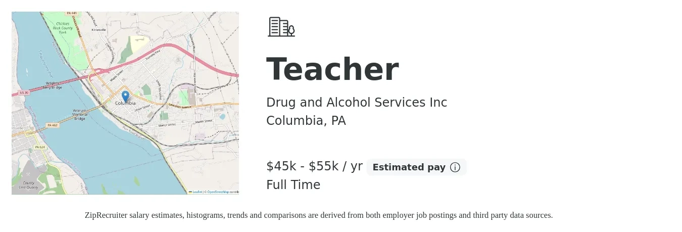 Drug and Alcohol Services Inc job posting for a Teacher in Columbia, PA with a salary of $45,000 to $55,000 Yearly with a map of Columbia location.
