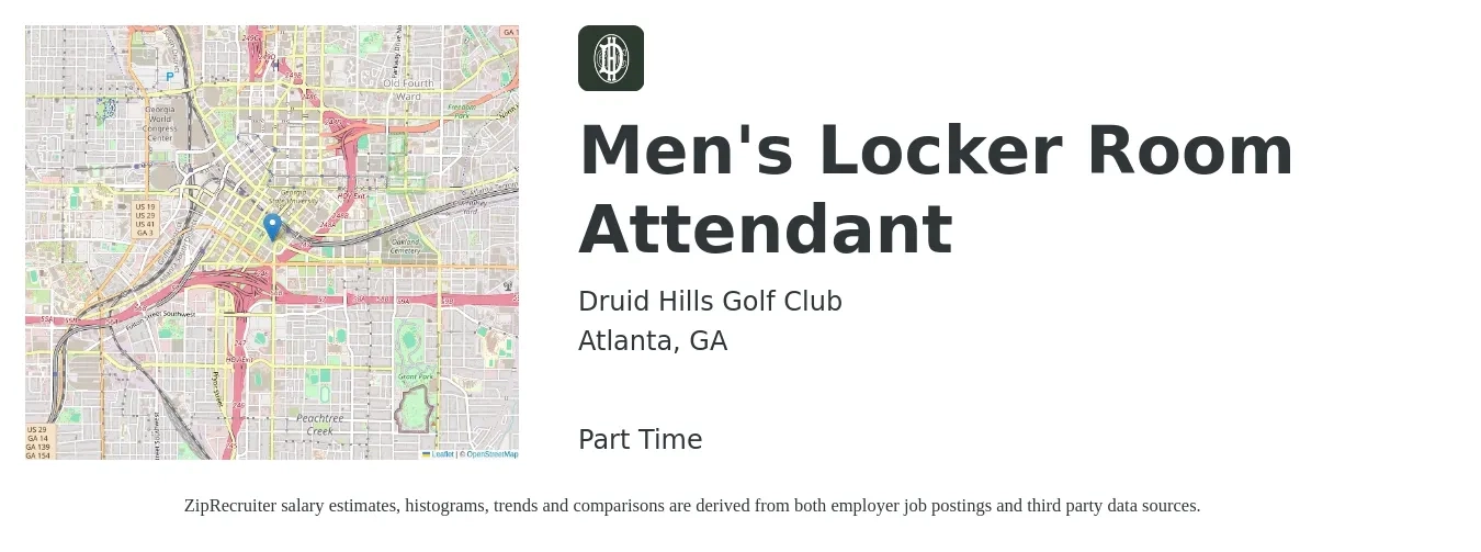 Druid Hills Golf Club job posting for a Men's Locker Room Attendant in Atlanta, GA with a salary of $15 Hourly with a map of Atlanta location.