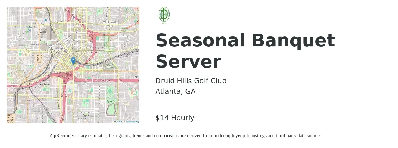 Druid Hills Golf Club job posting for a Seasonal Banquet Server in Atlanta, GA with a salary of $15 Hourly with a map of Atlanta location.