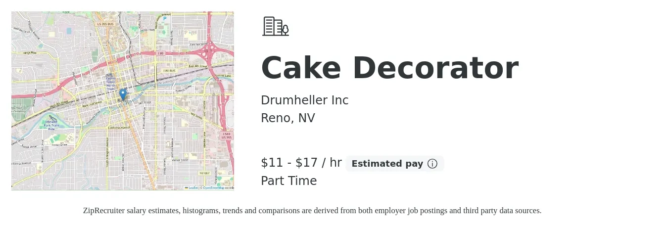 Drumheller Inc job posting for a Cake Decorator in Reno, NV with a salary of $12 to $18 Hourly with a map of Reno location.