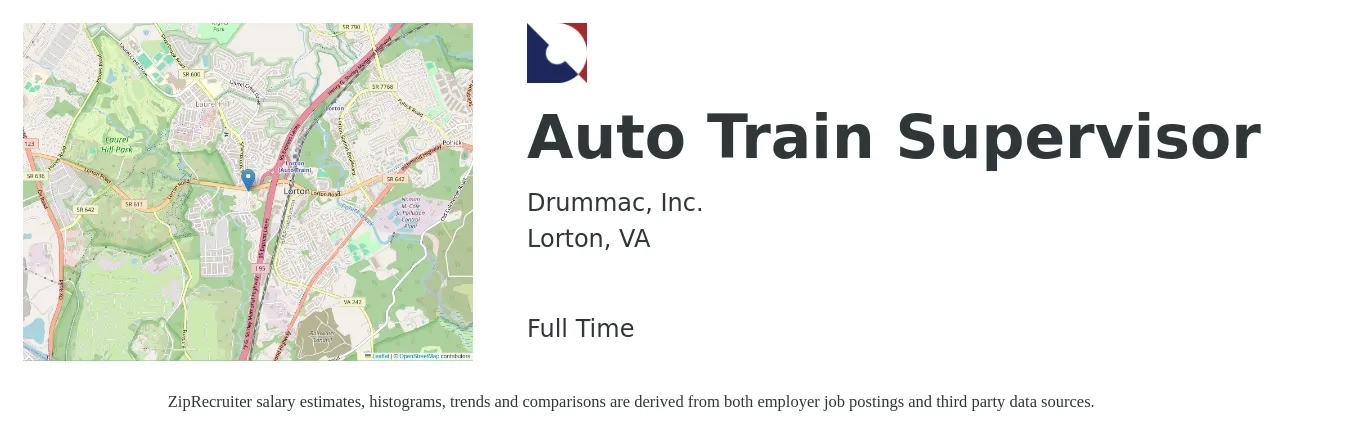 Drummac, Inc. job posting for a Auto Train Supervisor in Lorton, VA with a salary of $38,900 to $72,300 Yearly with a map of Lorton location.