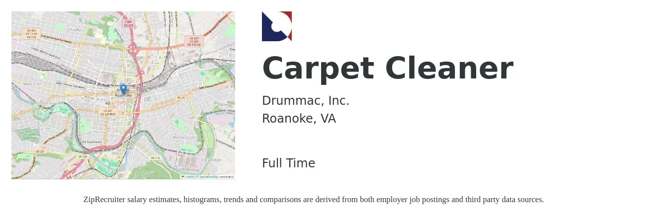 Drummac, Inc. job posting for a Carpet Cleaner in Roanoke, VA with a salary of $16 to $22 Hourly with a map of Roanoke location.