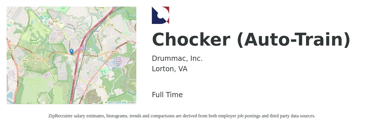 Drummac, Inc. job posting for a Chocker (Auto Train) in Lorton, VA with a salary of $18 to $22 Hourly with a map of Lorton location.