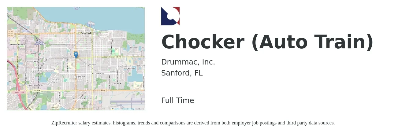 Drummac, Inc. job posting for a Chocker (Auto Train) in Sanford, FL with a salary of $14 to $21 Hourly with a map of Sanford location.