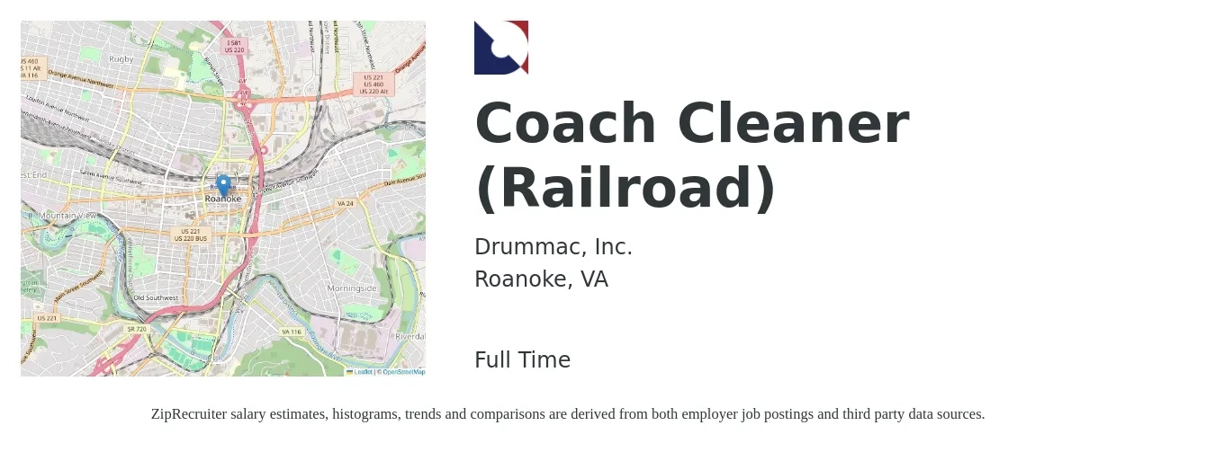 Drummac, Inc. job posting for a Coach Cleaner (Railroad) in Roanoke, VA with a salary of $16 to $19 Hourly with a map of Roanoke location.