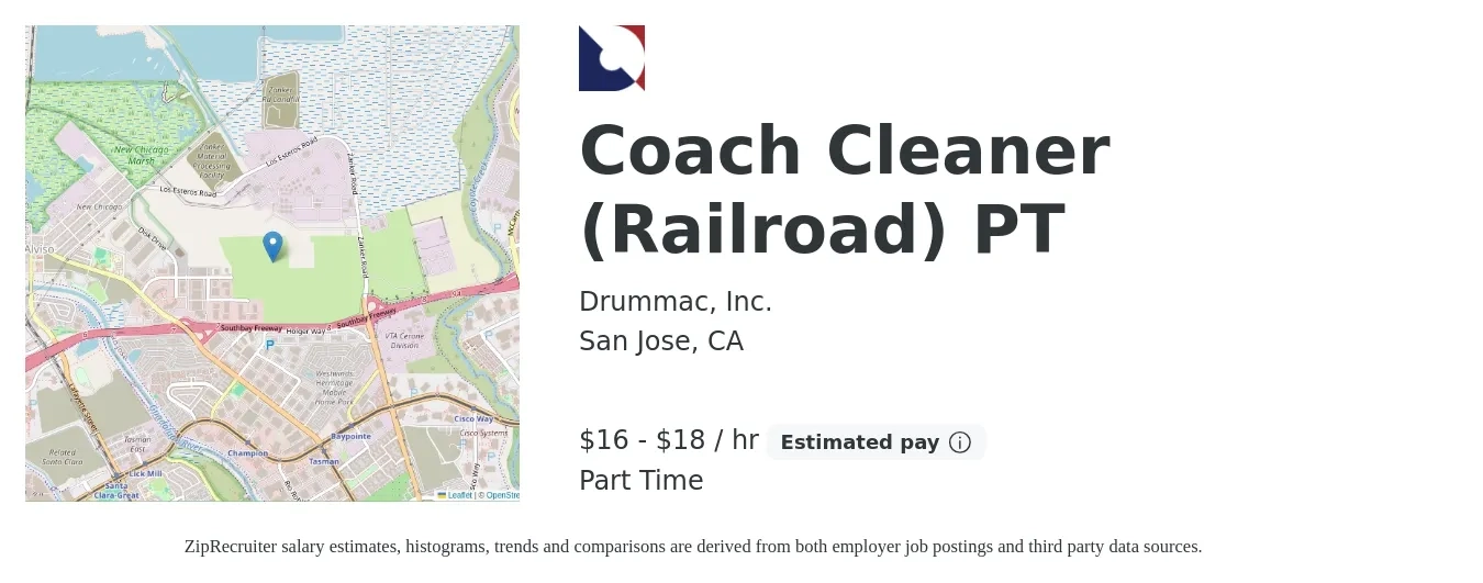 Drummac, Inc. job posting for a Coach Cleaner (Railroad) PT in San Jose, CA with a salary of $17 to $19 Yearly with a map of San Jose location.