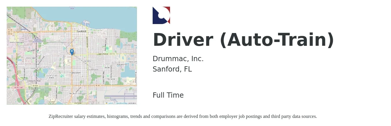 Drummac, Inc. job posting for a Driver (Auto-Train) in Sanford, FL with a salary of $15 to $20 Hourly with a map of Sanford location.