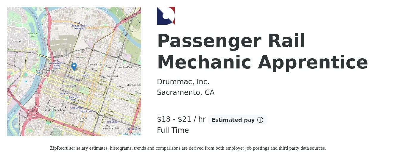 Drummac, Inc. job posting for a Passenger Rail Mechanic Apprentice in Sacramento, CA with a salary of $19 to $22 Yearly with a map of Sacramento location.