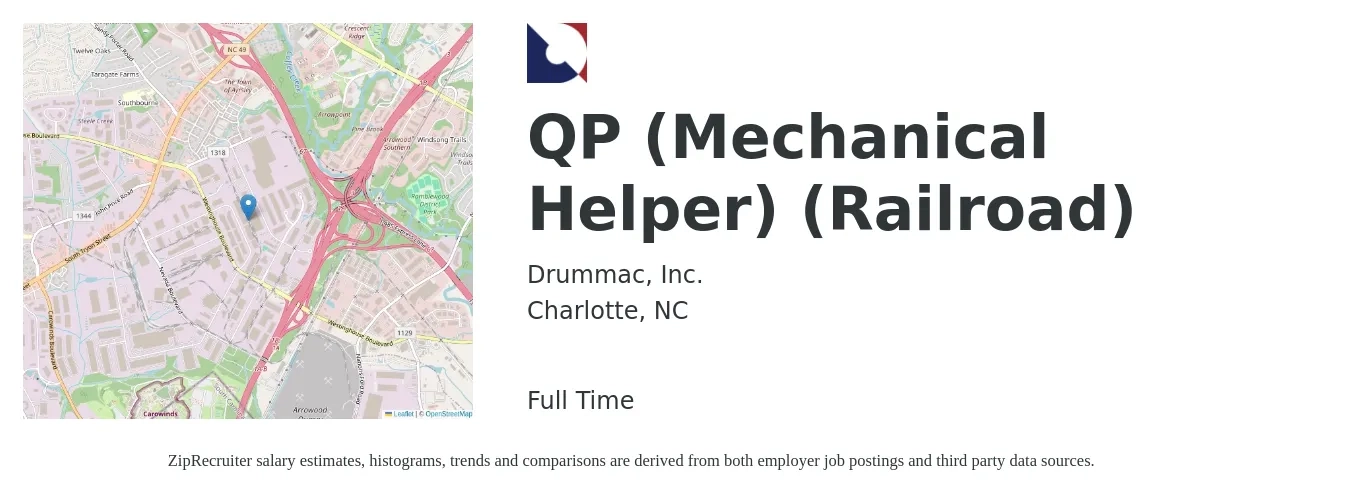 Drummac, Inc. job posting for a QP (Mechanical Helper) (Railroad) in Charlotte, NC with a salary of $18 to $22 Hourly with a map of Charlotte location.