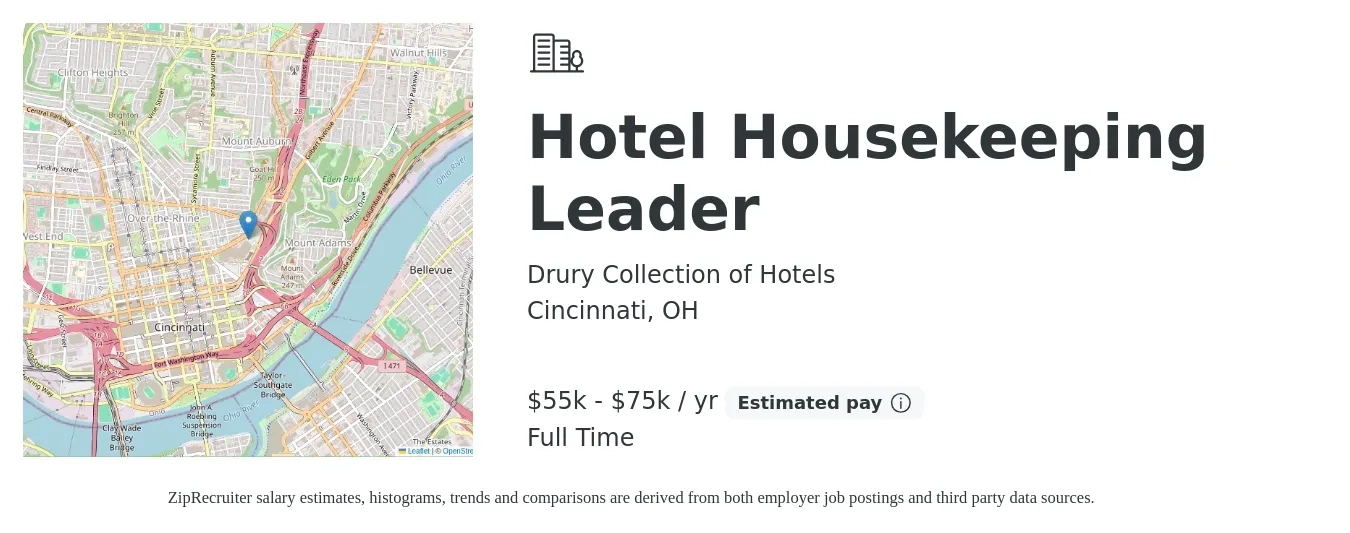 Drury Collection of Hotels job posting for a Hotel Housekeeping Leader in Cincinnati, OH with a salary of $55,000 to $75,000 Yearly with a map of Cincinnati location.